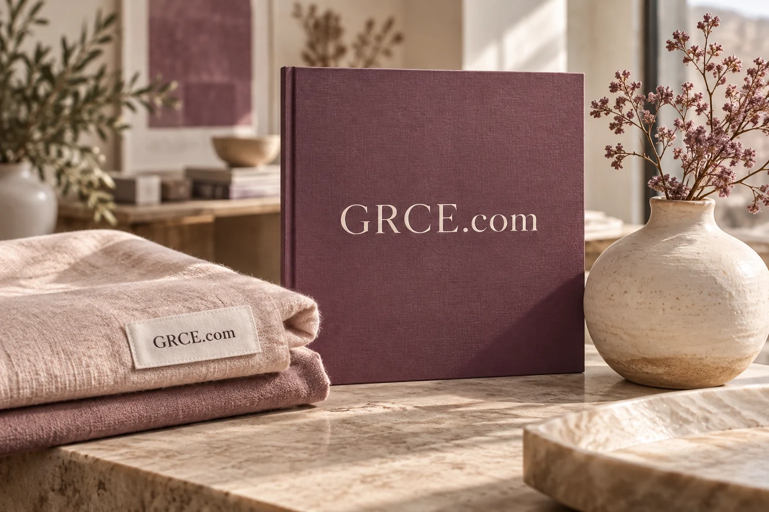 GRCE.com printed card on a stone tabletop
