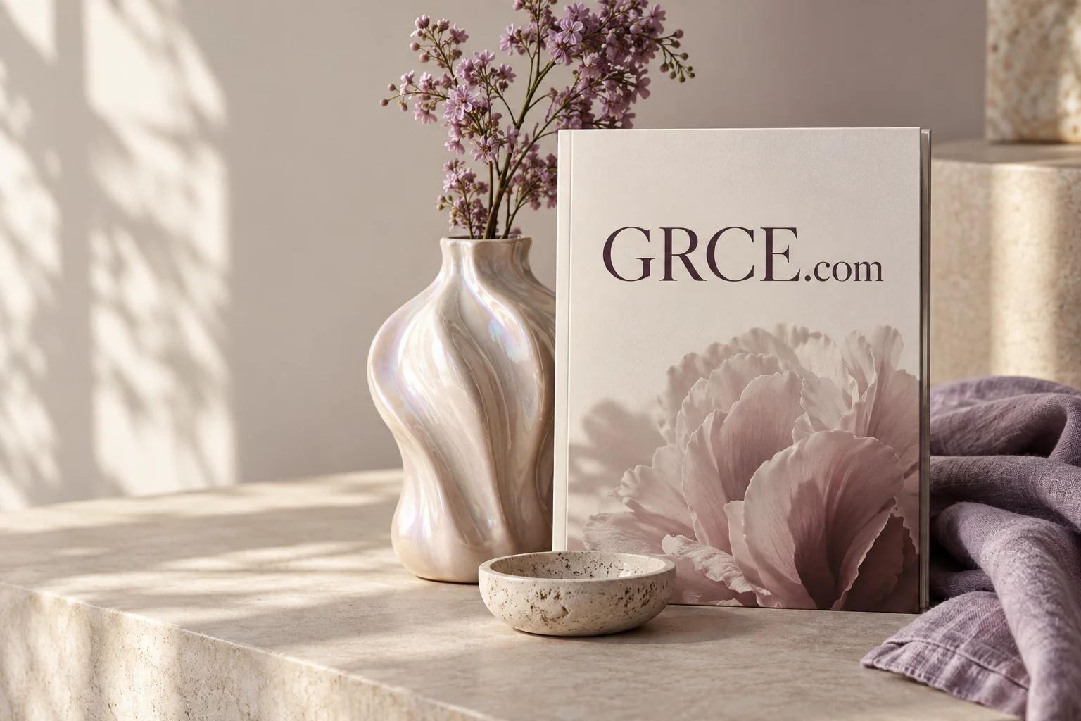 GRCE.com editorial cover with sculptural ceramics and plum fabric